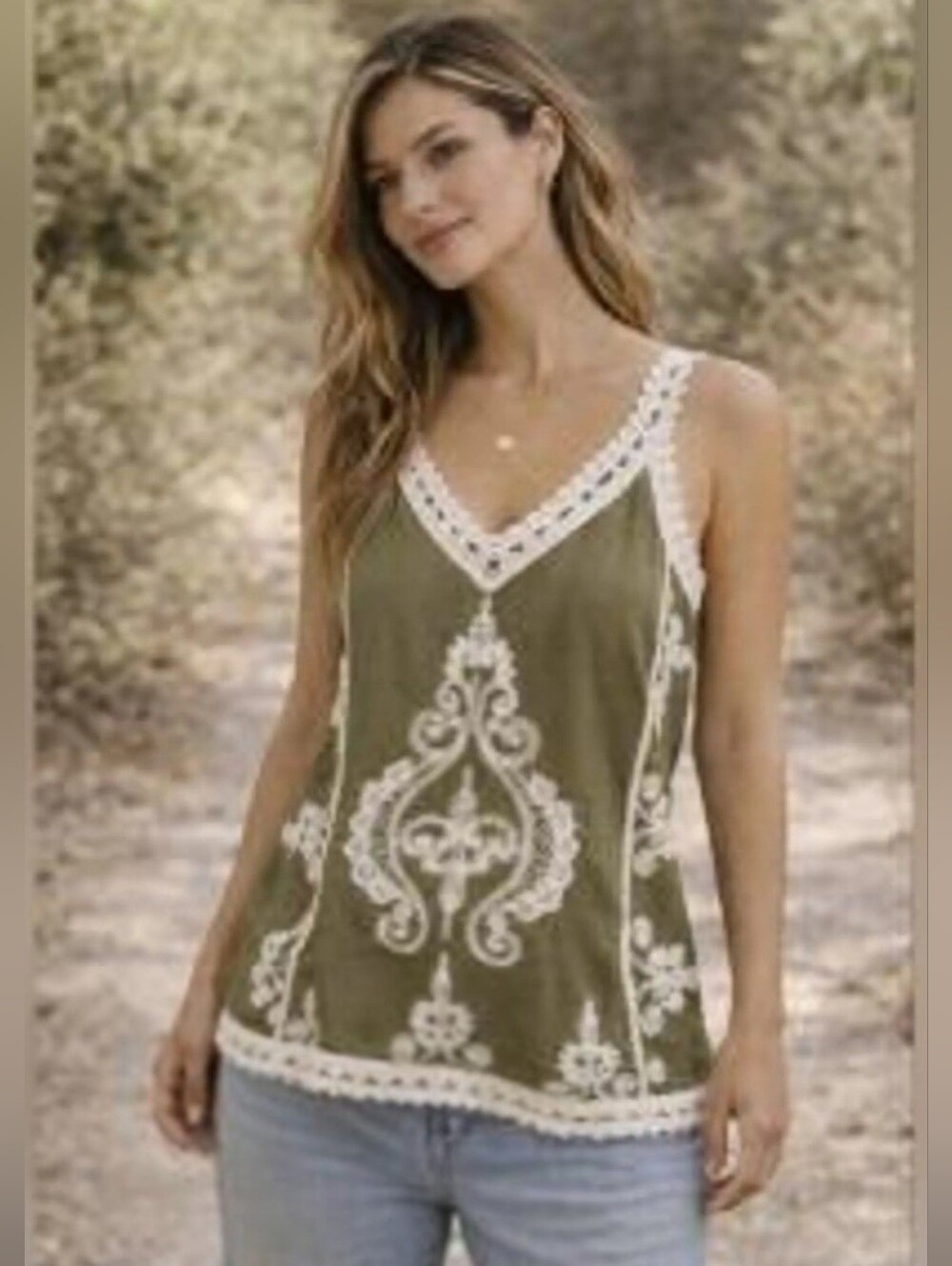 Ultra Pink Olive Green Crochet-Trim Embroidered Sleeveless Top